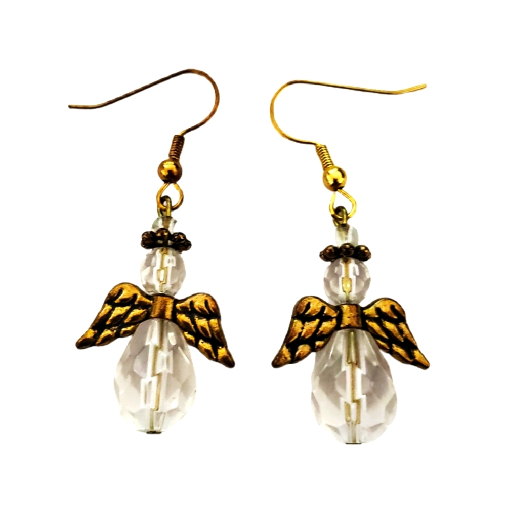 Fashion Jewelry Angel Earrings Clear Faceted Crystal and Goldtone Dangles